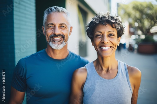 Fitness, workout and black couple in the city for running, marathon training and training. Love, sport, man and woman on smartphone for social networks, internet and mobile health app