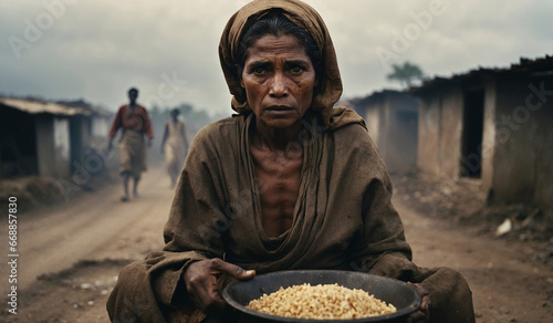 Among the poor quarters of an African city, a woman, exhausted by hunger, stands with a plate containing empty grains. Hunger in African countries leaves women struggling to feed their families