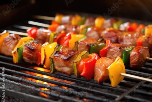 pork belly skewer on a sizzling churrasco grill