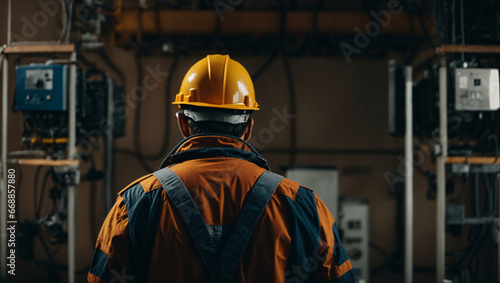 at a modern industrial enterprise in an industrial workshop, a leading engineer, wearing specialized clothing and a helmet, carries out repairs and maintenance of equipment and automated robots.