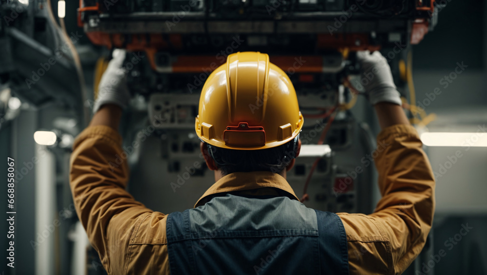 professional engineer dressed in specialized clothing and hard hat in an industrial workshop surrounded by modern equipment. this lead engineer carries out repairs and maintenance professional engineer dressed in specialized clothing and hard hat in an industrial workshop surrounded by modern equipment. this lead engineer carries out repairs and maintenance