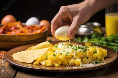 hand sprinkling cheese over a tortilla filled with fry potatoes and scrambled eggs