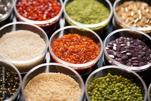 close-up of different types of seeds in petri dishes