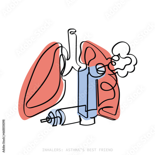 Hand drawn continuous line art vector of Concept. Human Lungs and Inhaler for Breathing. Chronic Sickness, Respiratory System Disease, Medical Equipment, Remedy for Treatment. Pulmonology Medicine