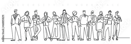 Continuous line art of group of corporate people. Business meeting and workshop. Executive people together. Official board meeting. Diverse business persons vector. © Rubab