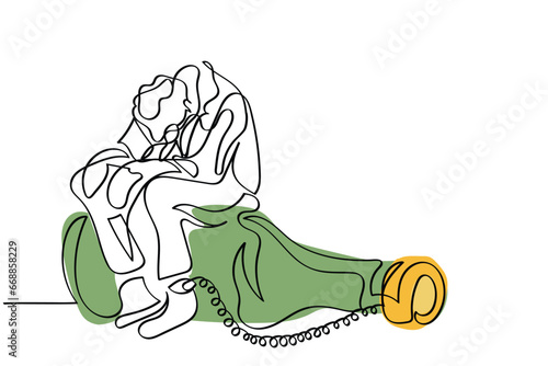 continuous line art vector of Drunk Male Character Chained to Alcohol Bottle. Problems in Life, Alcohol Addiction Concept with Male Character with Pernicious Habits Addiction and Substance Abuse