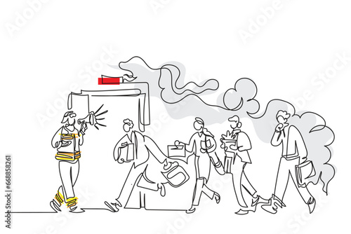 hand drawn line art vector of Fireman with Megaphone Announce Fire Emergency Evacuation Alarm. Alert Building Occupants Escape Office in Life-threatening Situation, Hazard at Workplace.