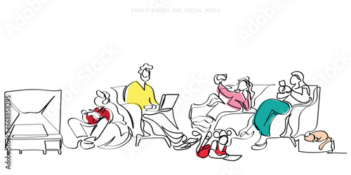 Hand drawn line art vector of Parents and Children Sitting Together at Home Using Gadgets, Smartphones, Digital Devices. Concept of social media addiction and its impact on family values