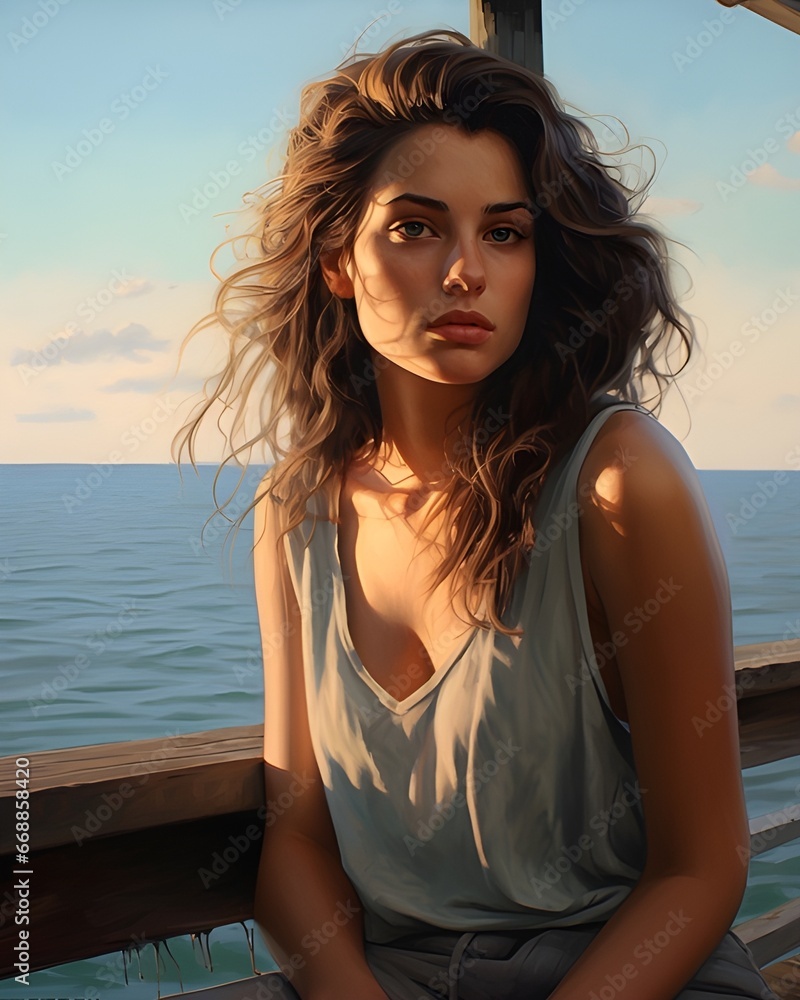 Breathtaking portrait of a woman with tousled hair, basking in golden hour by the sea. Her contemplative expression is accentuated by the serene backdrop Breathtaking portrait of a woman with tousled hair, basking in golden hour by the sea. Her contemplative expression is accentuated by the serene backdrop