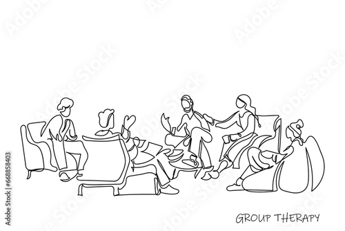 group of people. Hand drawn ine art vector of Group Therapy Addiction Treatment Concept. Counseling with Psychologist on Psychotherapist Session. Doctor Psychologist Counseling with Diseased Patients.