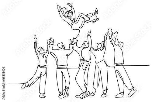 hand drawn line art vector of Happy People Toss Up Person Celebrating Success, Group of Positive Friends Celebrate Victory Achievement Together, Joyful Characters Team Congratulation Woman Colleague