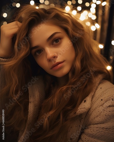 Intimate portrait of a serene young woman amid glowing lights. Her mesmerizing gaze draws you in, while the warm ambiance sets a cozy mood. Ideal for winter and evening themes © Tate