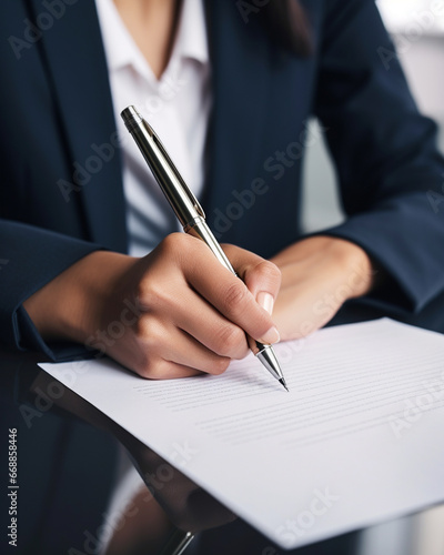 A close-up of a businesswoman's hand signing an important document photo