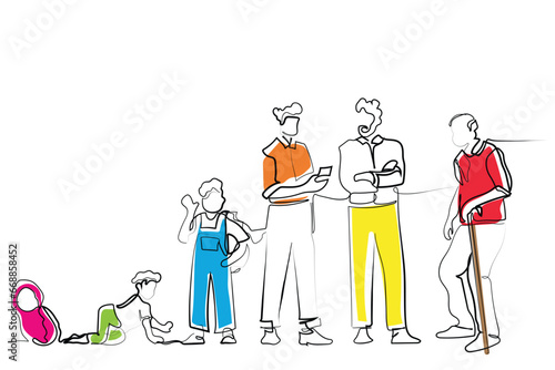 hand drawn line art vector of Stages of Man . Male Character Life Cycle, Growth, Aging Process. Happy People Baby, Toddler, Kid, Teenager, Young, Adult Senior and Old Men Timeline. Minimal Line art