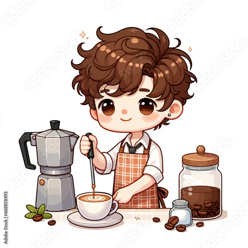 Cute boy barista cartoon vector illustration