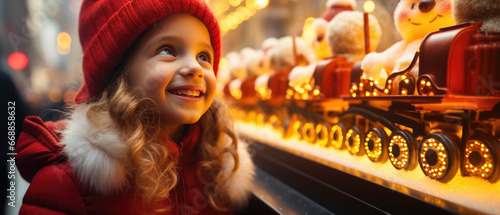 Little smilling girl on the street near a festive holiday shop window display with Christmas decorations and garlands