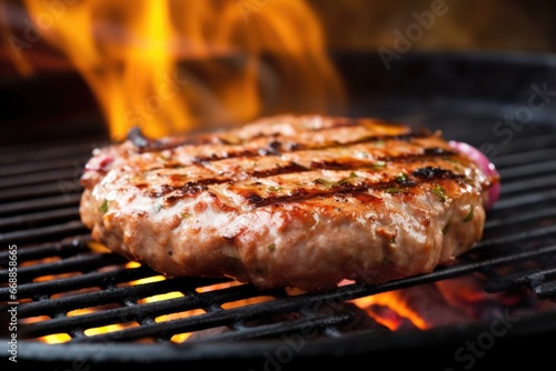 pork burger on a grill pan, flipped mid-air