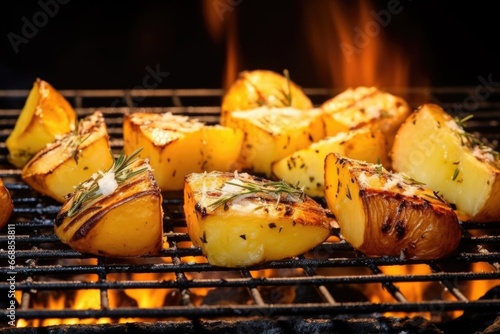 baked potatoes resting on a grid over glowing embers