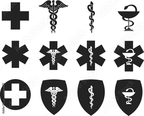 Medical hospital symbol vector icons set. Star of Life with cross, caduceus, Rod of Asclepius and pharmacy symbol Bowl of Hygieia. Isolated on white background. Logo sign concept. Vector illustration.