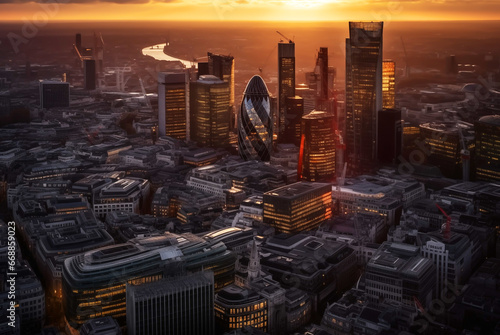 London City skyscrapers buildings, drone view. London streets, banking district. London skyscraper at sunset, aerial view. England, UK. Cityscape financial district. Willis Building, Tower Exchange. photo