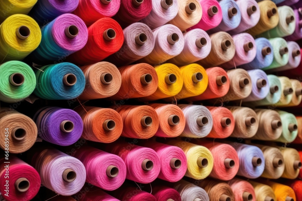 brightly colored spools of thread on a rack brightly colored spools of thread on a rack