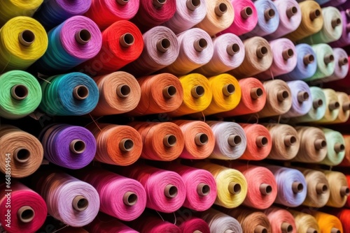 brightly colored spools of thread on a rack