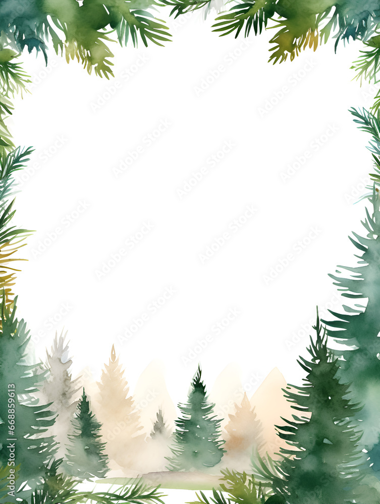 Christmas watercolor frame with green pine trees, white copy space inside for text