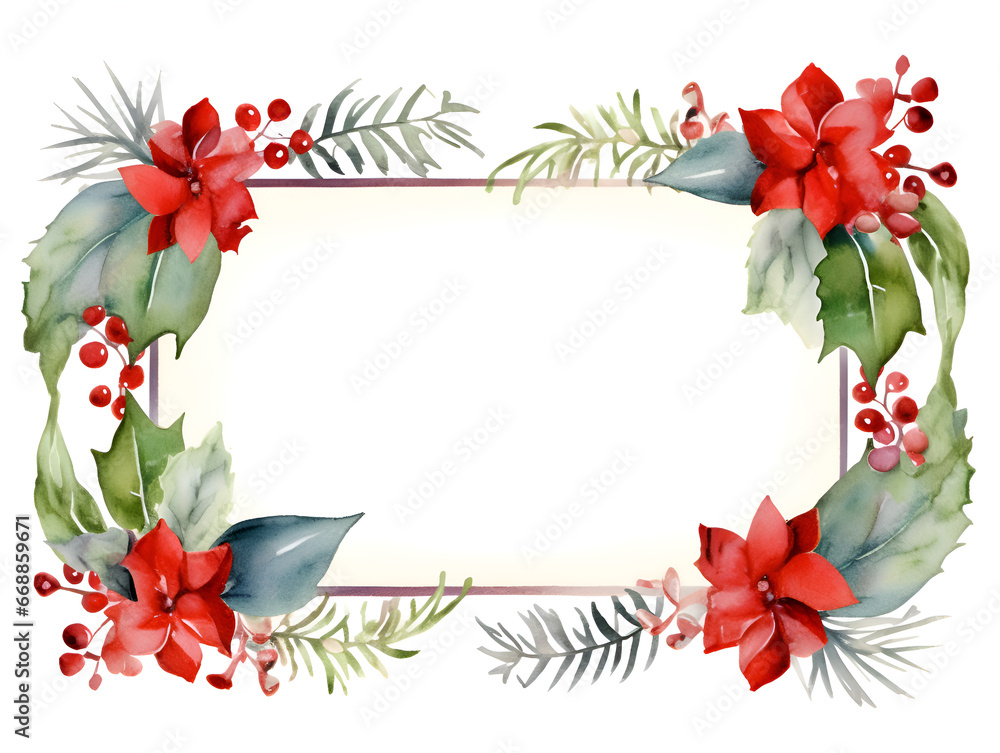 Naklejka premium Christmas watercolor frame with greens, red flowers and berries, white copy space inside for text