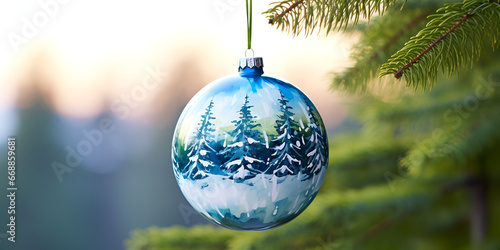 Close up of a single Christmas ornament ball hanging on a tree, blurred background 