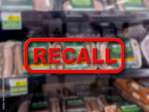 Blurred background of vegetarian meat products for sale with the red text Recall in the foreground