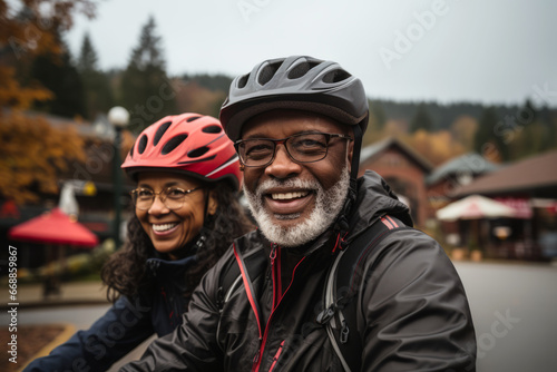 Couple of adult African American man and woman on a bike ride, training for the elderly, cardio on bicycles, taking care of health on bike rides. Prevention of cardio