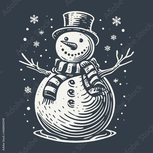 Snowman with hat. Vintage woodcut engraving style hand drawn vector illustration.