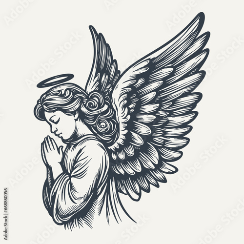 Angel with halo praying. Vintage woodcut engraving style hand drawn vector illustration. photo