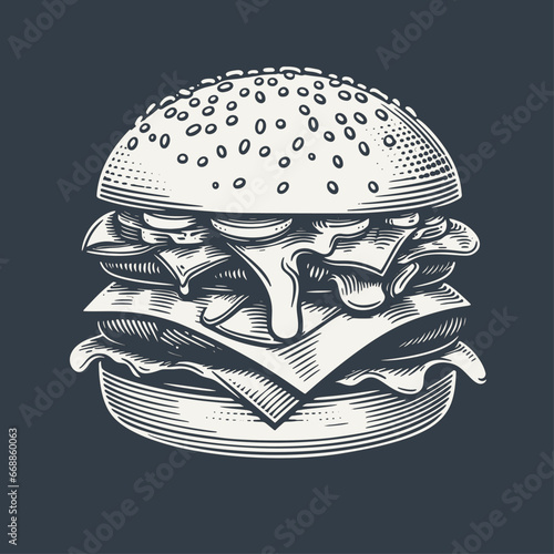 Double hamburger. Vintage woodcut engraving style hand drawn vector illustration on dark background.