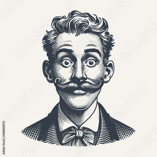 Funny man wih suit and moustache. Portrait of a Funny man with suit and moustache. Vintage woodcut engraving style hand drawn vector illustration