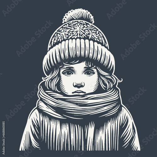Sad child in winted clothing. Vintage woodcut engraving style hand drawn vector illustration.