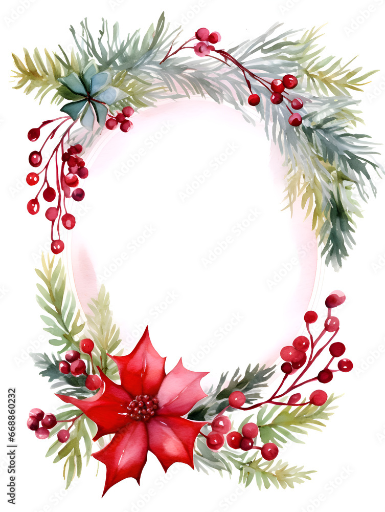 Christmas watercolor frame with greens, red flowers and berries. White copy space inside