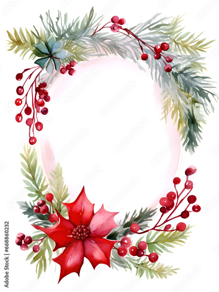 Christmas watercolor frame with greens, red flowers and berries. White copy space inside Christmas watercolor frame with greens, red flowers and berries. White copy space inside