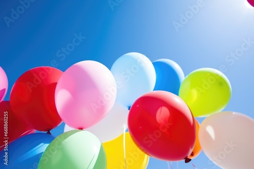 balloons of various colors against a blue sky