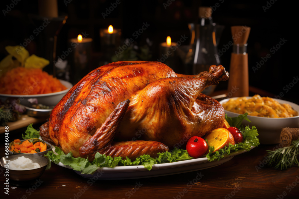 Homemade roasted Thanksgiving Day turkey with with greens, berries and vegetables. AI generated Homemade roasted Thanksgiving Day turkey with with greens, berries and vegetables. AI generated