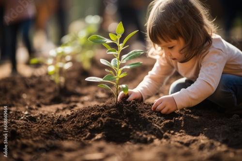 child learns to plant plants. teaching children biology, agronomy, planting, children and the world around them.