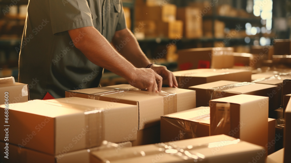 A close-up shot of a warehouse worker's hands expertly packing goods into boxes A close-up shot of a warehouse worker's hands expertly packing goods into boxes