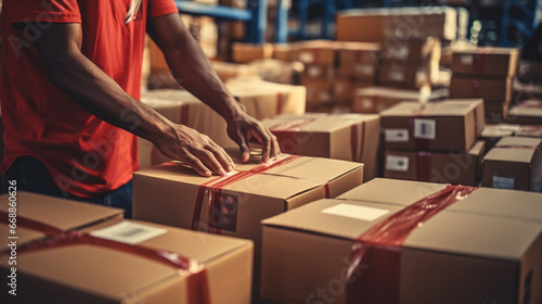 A close-up shot of a warehouse worker's hands expertly packing goods into boxes