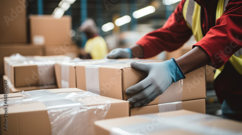 A close-up shot of a warehouse worker's hands expertly packing goods into boxes © Ricardo Costa