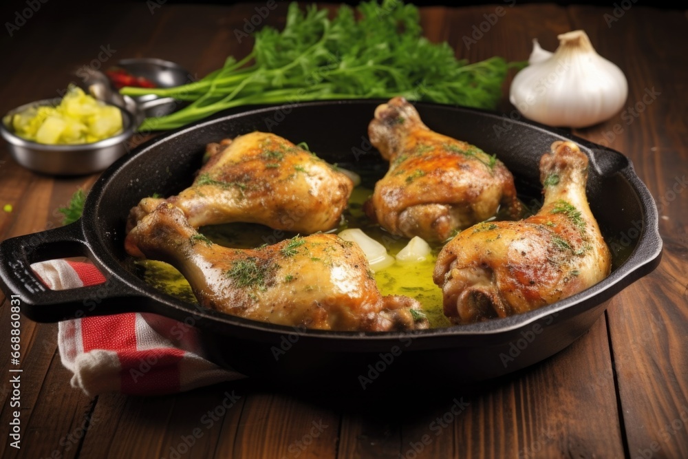 sizzling chicken legs with garlic butter in a cast-iron skillet sizzling chicken legs with garlic butter in a cast-iron skillet