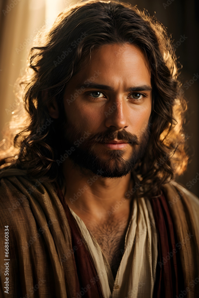 Close up of Jesus looking into the camera with a gentle smile. Halo glow behind his head.
Close up of Jesus looking into the camera with a gentle smile. Halo glow behind his head.
