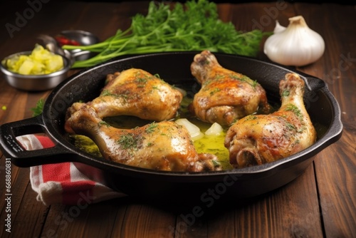 sizzling chicken legs with garlic butter in a cast-iron skillet