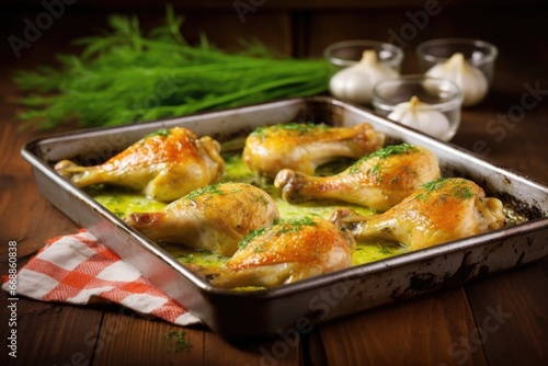 oven-baked chicken legs under layer of melted garlic butter