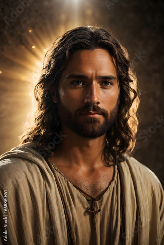 Close up of Jesus looking into the camera with a gentle smile. Halo glow behind his head.   © RVS1985