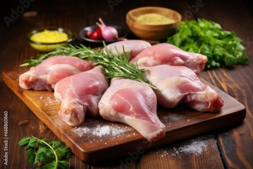 raw chicken legs with herbs and garlic butter on a rustic wooden chopping board